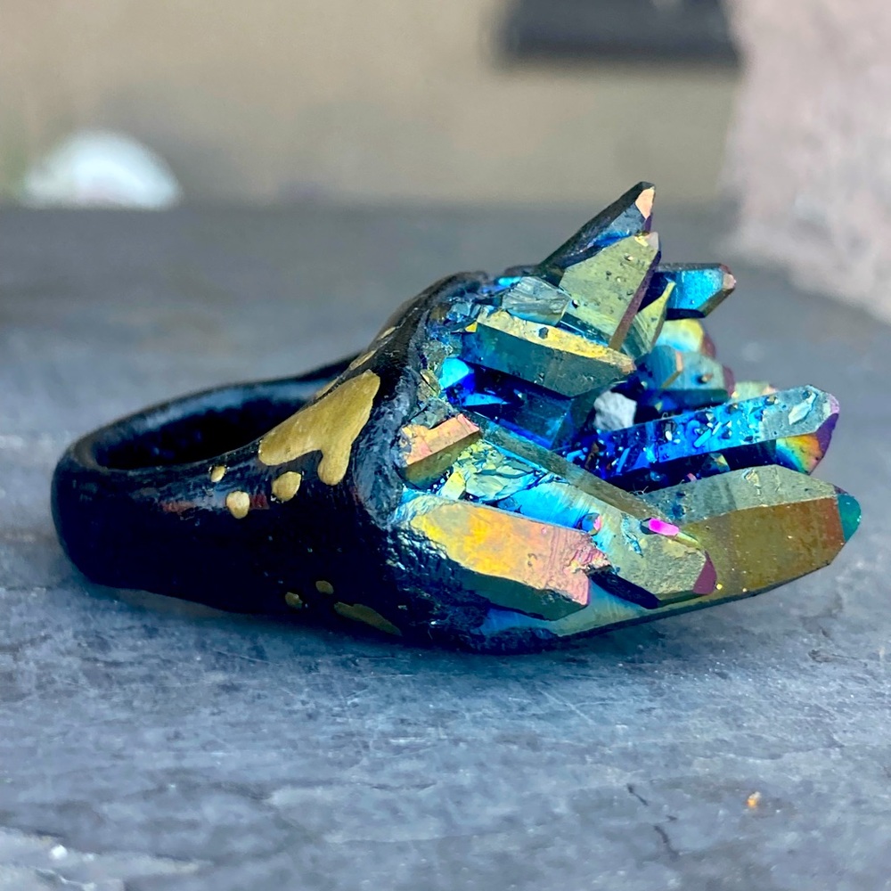 Titanium Aura Quartz Cluster Ring in Iridescent Blue-Green Custom Handmade